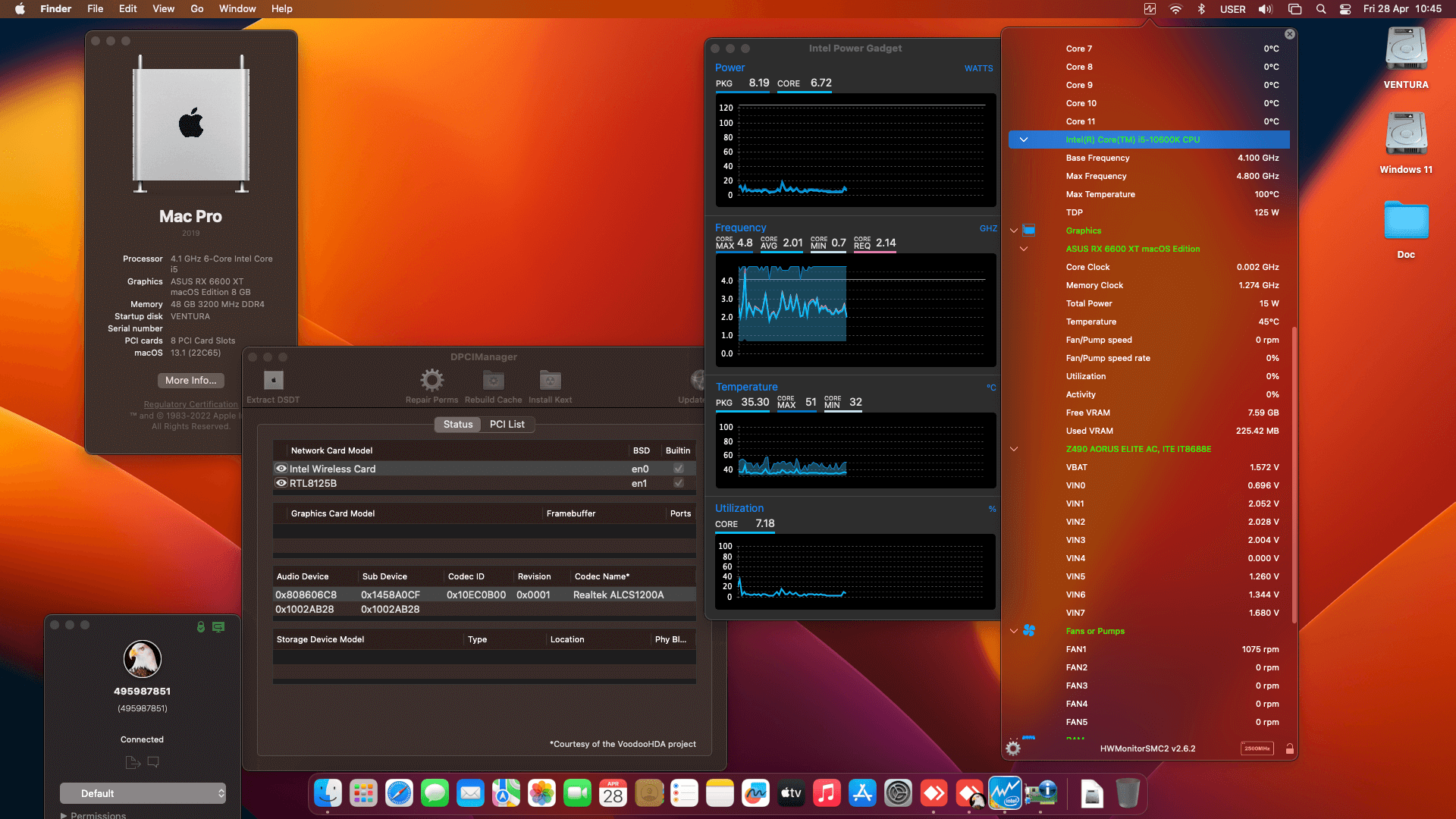 Gigabyte Z490 Aorus Elite AC + Intel Core i5 10600K + Asus RX 6600 XT OpenCore 1