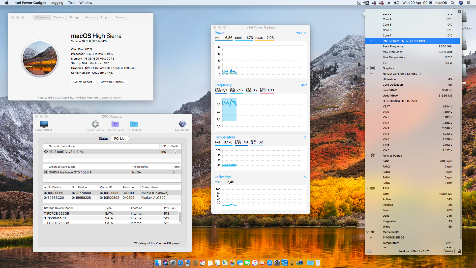 Success Hackintosh macOS High Sierra 10.13.6 Build 17G14042 on Biostar Hi-Fi H87S3+ Intel Core i7 4770K GTX 1050Ti