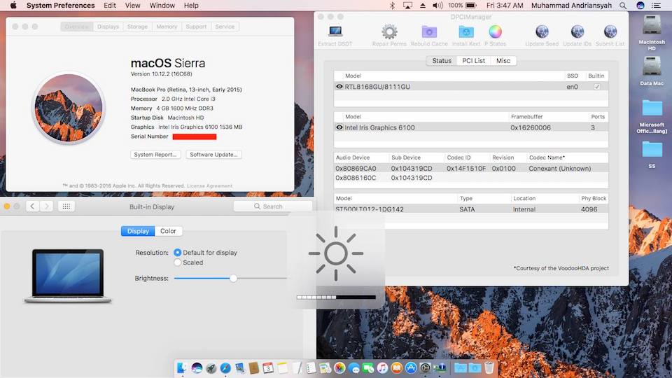 Success Hackintosh macOS Sierra 10.12.2 Build 16C68 at A455LA-WX667D